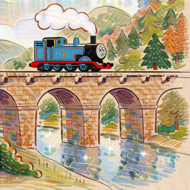 Thomas crossing a stone viaduct over a river